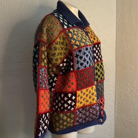 PATCHWORK HANDMADE 100% wool heavy cardigan M /L as is - Picture 3 of 13